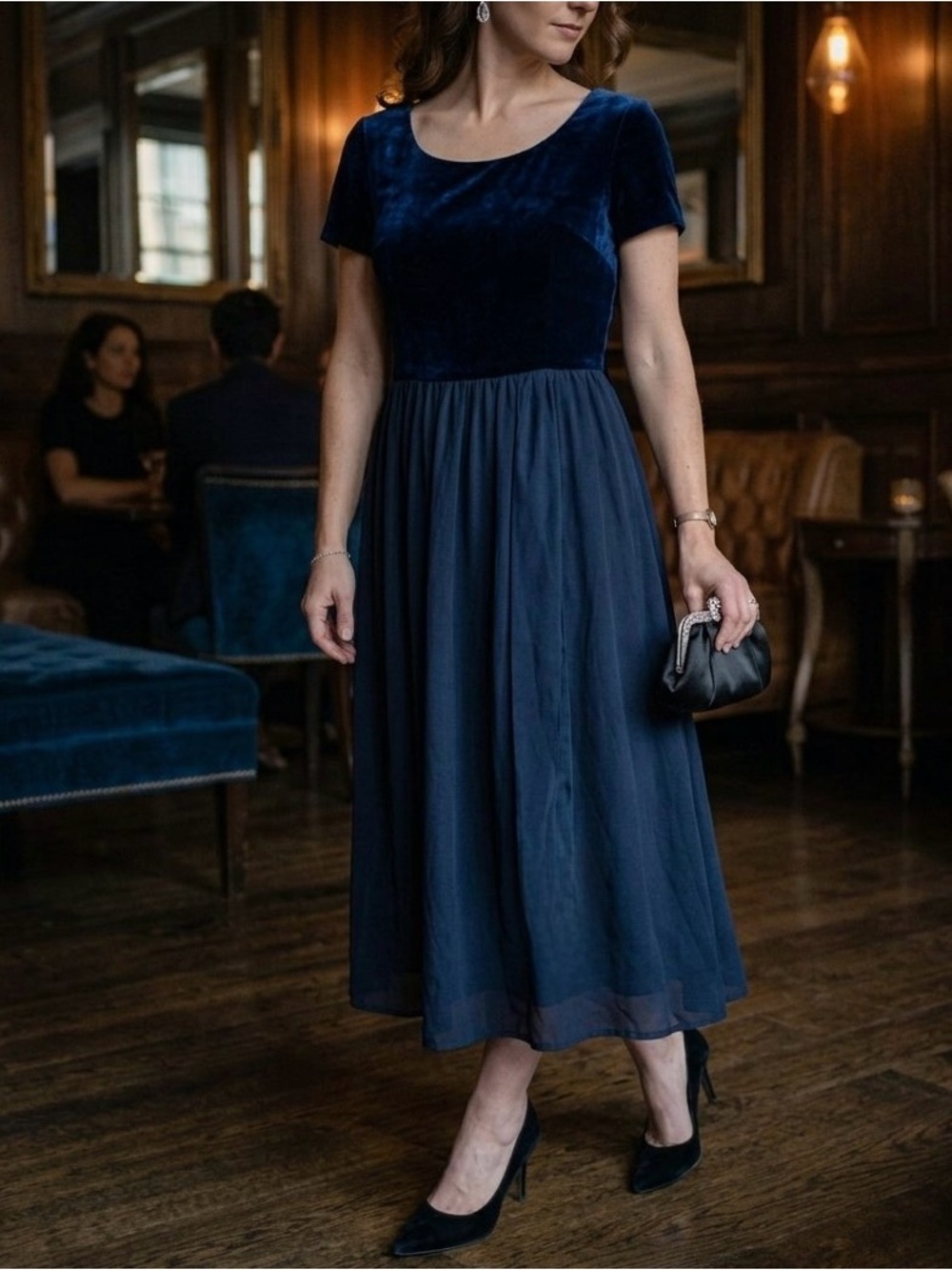 Vintage Maggy London by Kenneth Nolan Blue Velvet Midi Dress Size 12